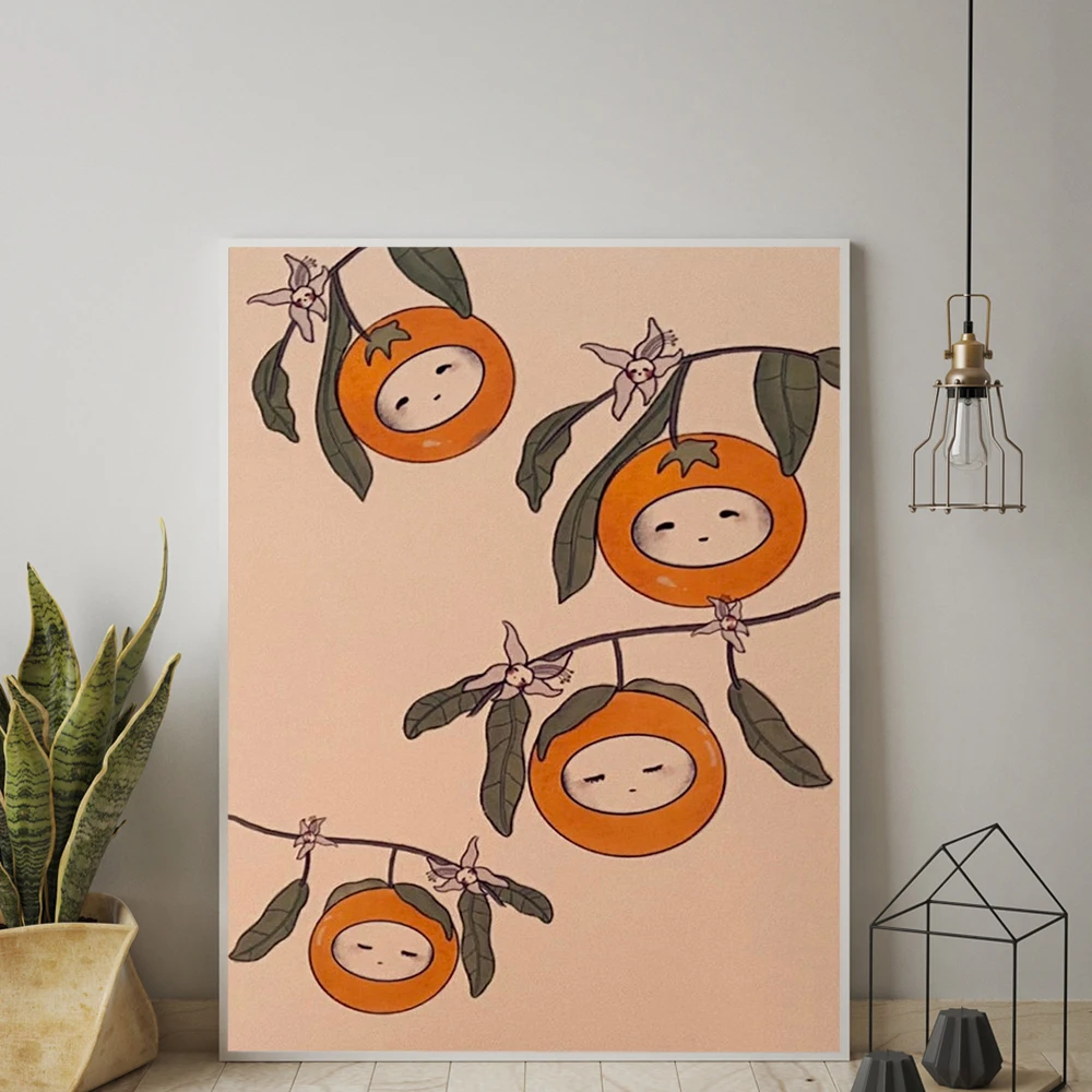 Sleepy Baby Oranges Poster And Prints Cute Fruit Abstract Canvas Painting Modern Kitchen Wall Art Pictures For Kids Room Decor