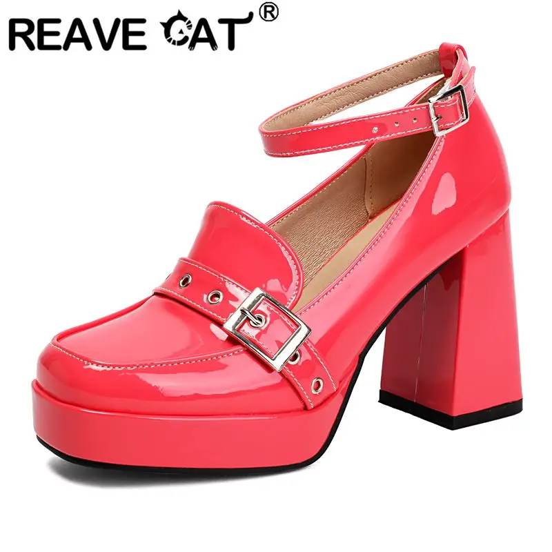 

Туфли-лодочки REAVE CAT розовые женские с квадратным носком, массивным каблуком 9 см, платформой 2 см, ремешком с пряжкой, большие размеры 43, 44, 45, 46, 47, сексуальные блестящие туфли для свиданий