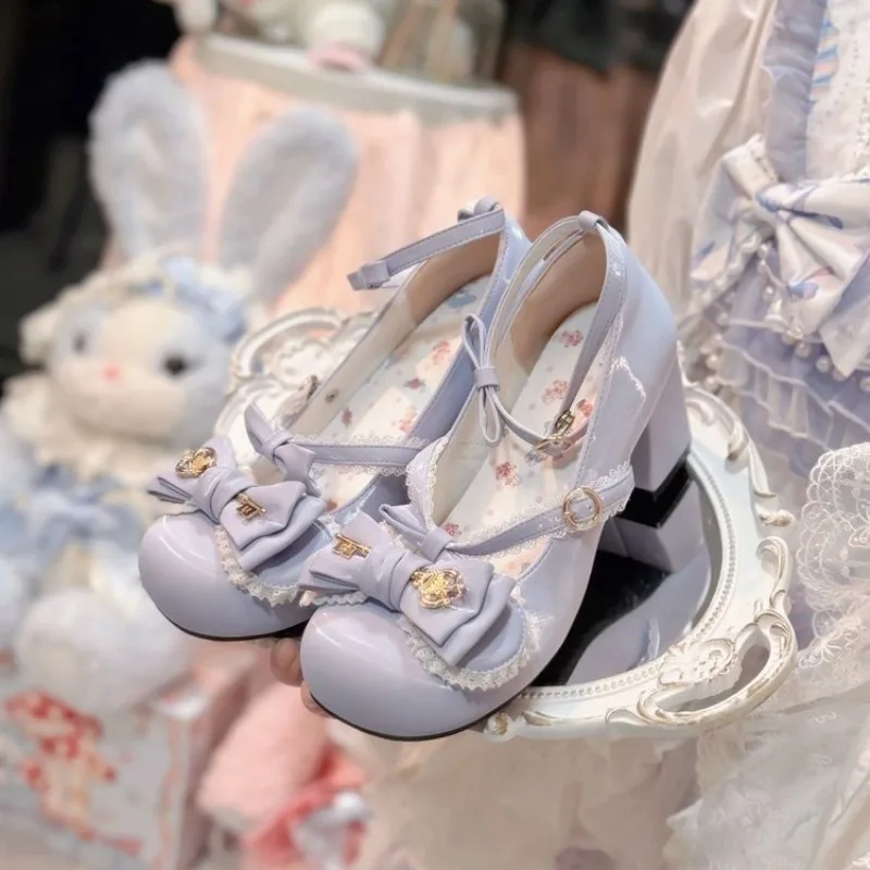 Women Lavender Lolita Mary Jane ShoesBow Metal Flower Decor Lace Trim Criss‑cross Strap Block Heel Round Toe Cosplay Party Pumps