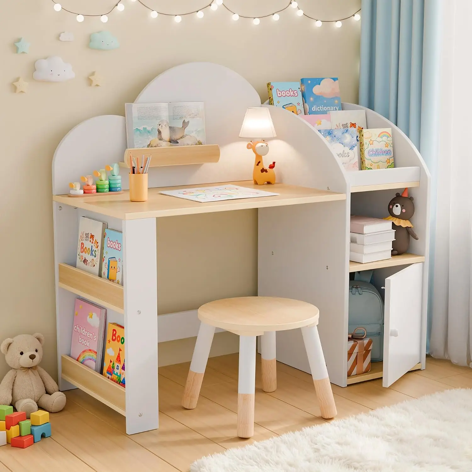 Kids Study Desk & Chair Set with 2 Bookshelves & Storage Cabinets, Wooden Student Table & Stool for Ages 3-8, Customized