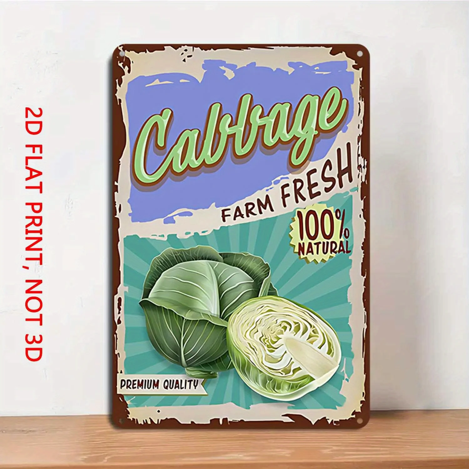 Vintage Farm Fresh Cabbage Metal Sign - Retro 100% Natural Vegetable Wall Art Decor Plaque for Kitchen Garden Farmhouse