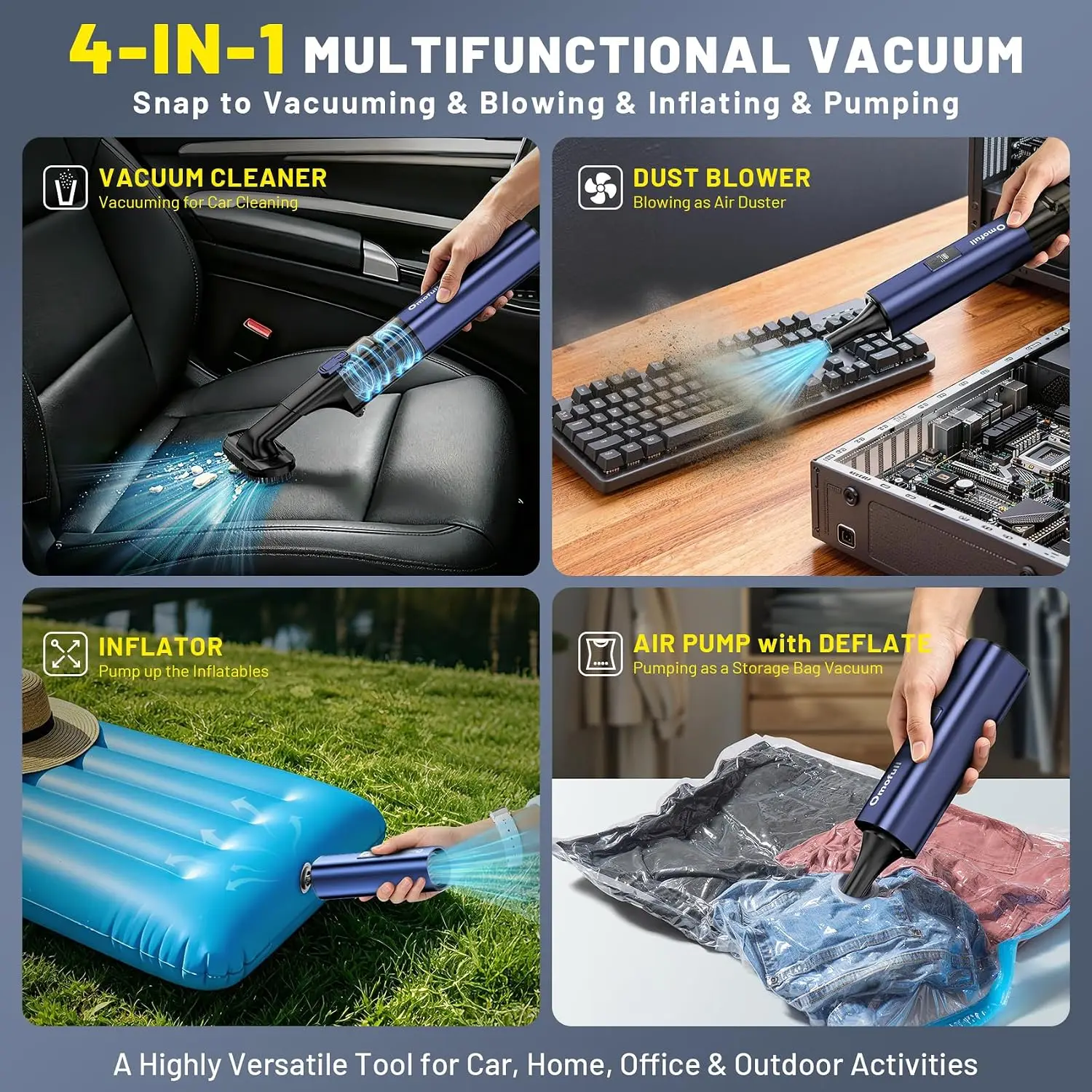 19500Pa Cordless Car Vacuum: 4-in-1 Handheld Vacuum Cleaner & Air Duster with Multi-Nozzles for Home, Office, Pet view 3