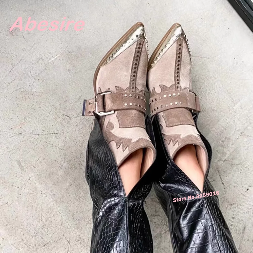 

Retro Pointed Toe Chunky Heel Western Cowboy Boots 2024 Newest Fall Rivet Belt Buckle Metal Embroidery Short Boots Women Sexy