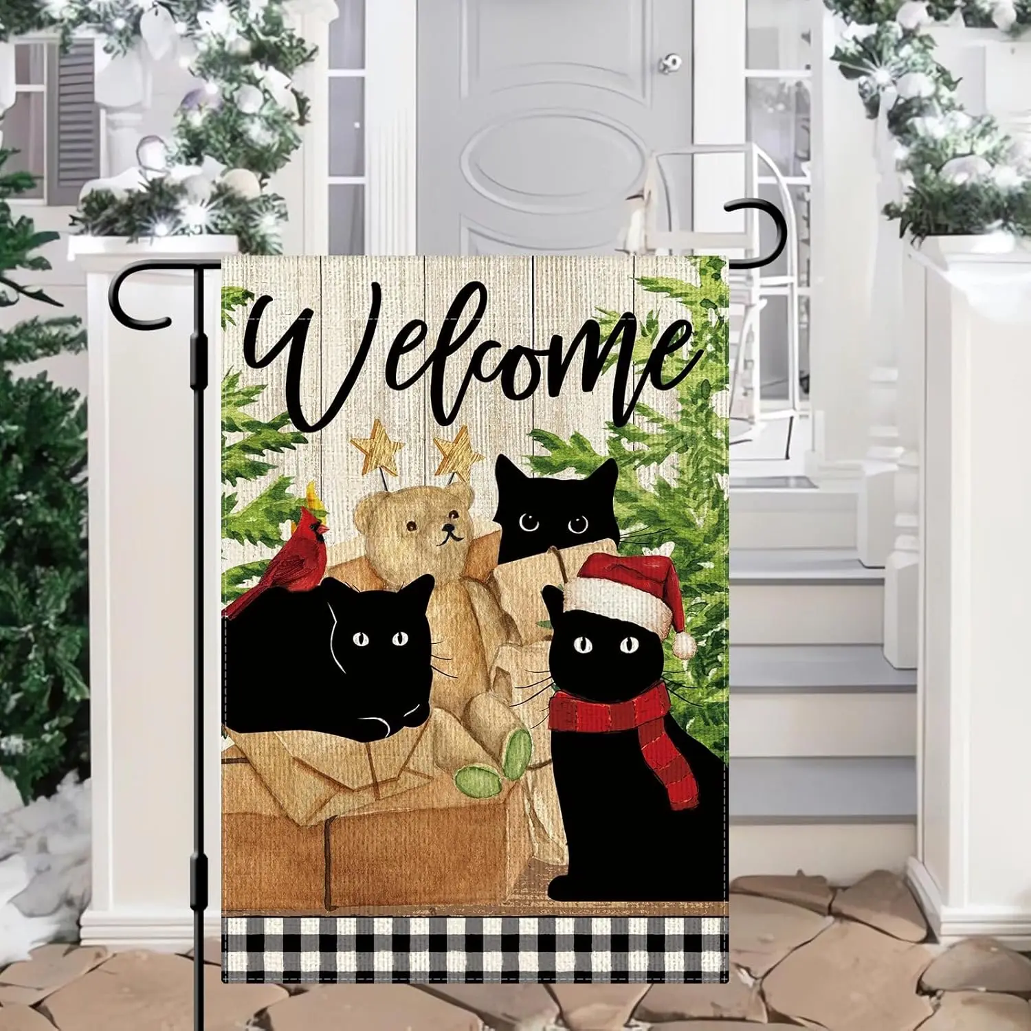 DLZDN Christmas Black Cat Welcome Garden Flag 12×18 Inch Double Sided Vertical Rustic Farmhouse Yard Flag Christmas Winter Outdo