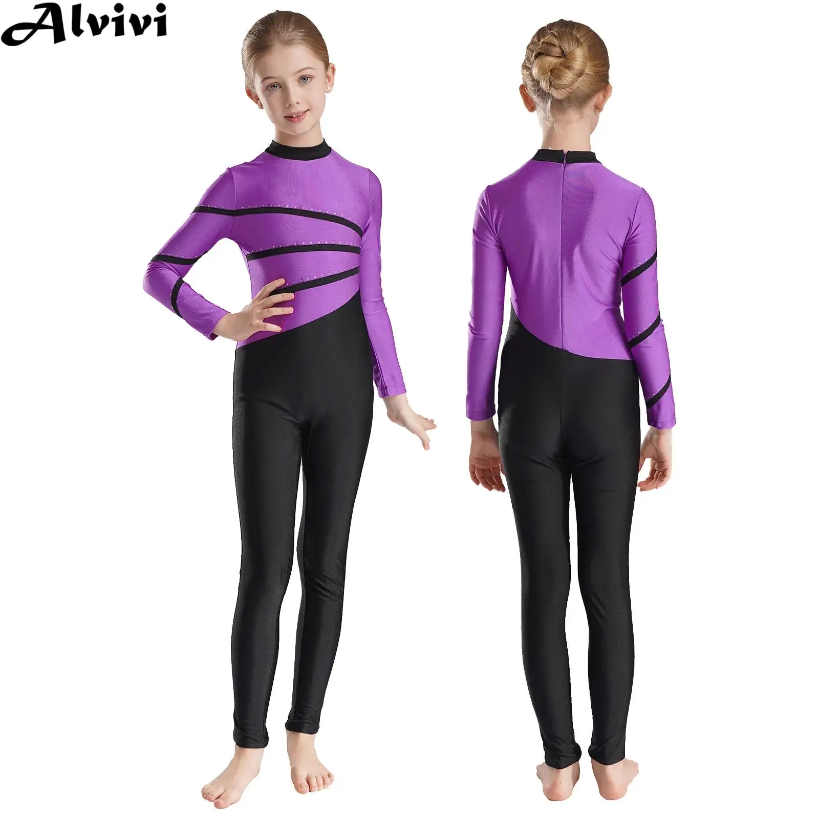 6-16Y Girls Long Sleeve Zipper Ballet Dance leotard Gymnastics  Figure Skating Yoga Acrobatics performance Jumpsuit Bodysuit