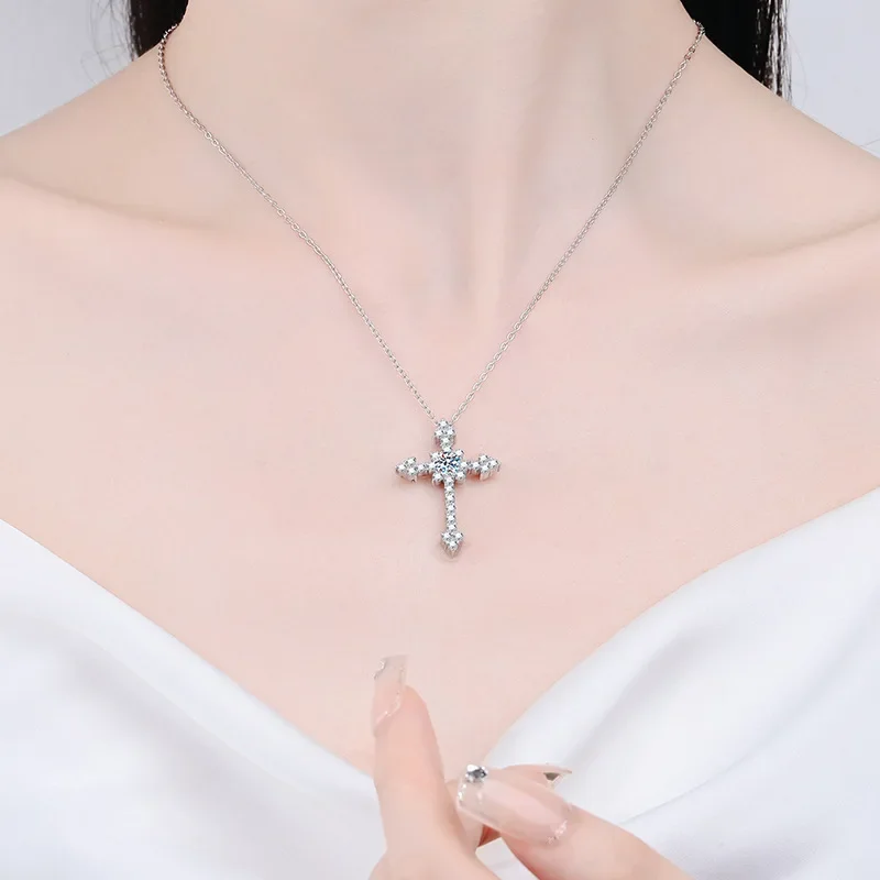 100% 925 Silver Cross Necklace for Women 1CT VVS Lab Moissanite Diamond Cross Pendant Necklace Birthday Gift Jewelry