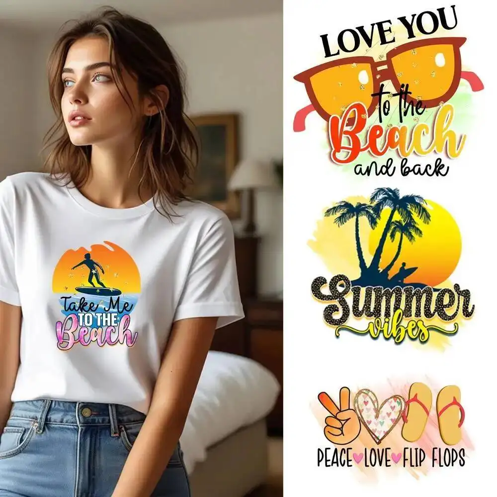 Fashion Beach Holiday Sunglasses Surf Iron On Heat Transfer Sticker DTF Iron On Transfer Patches For Children's Clothes Decal