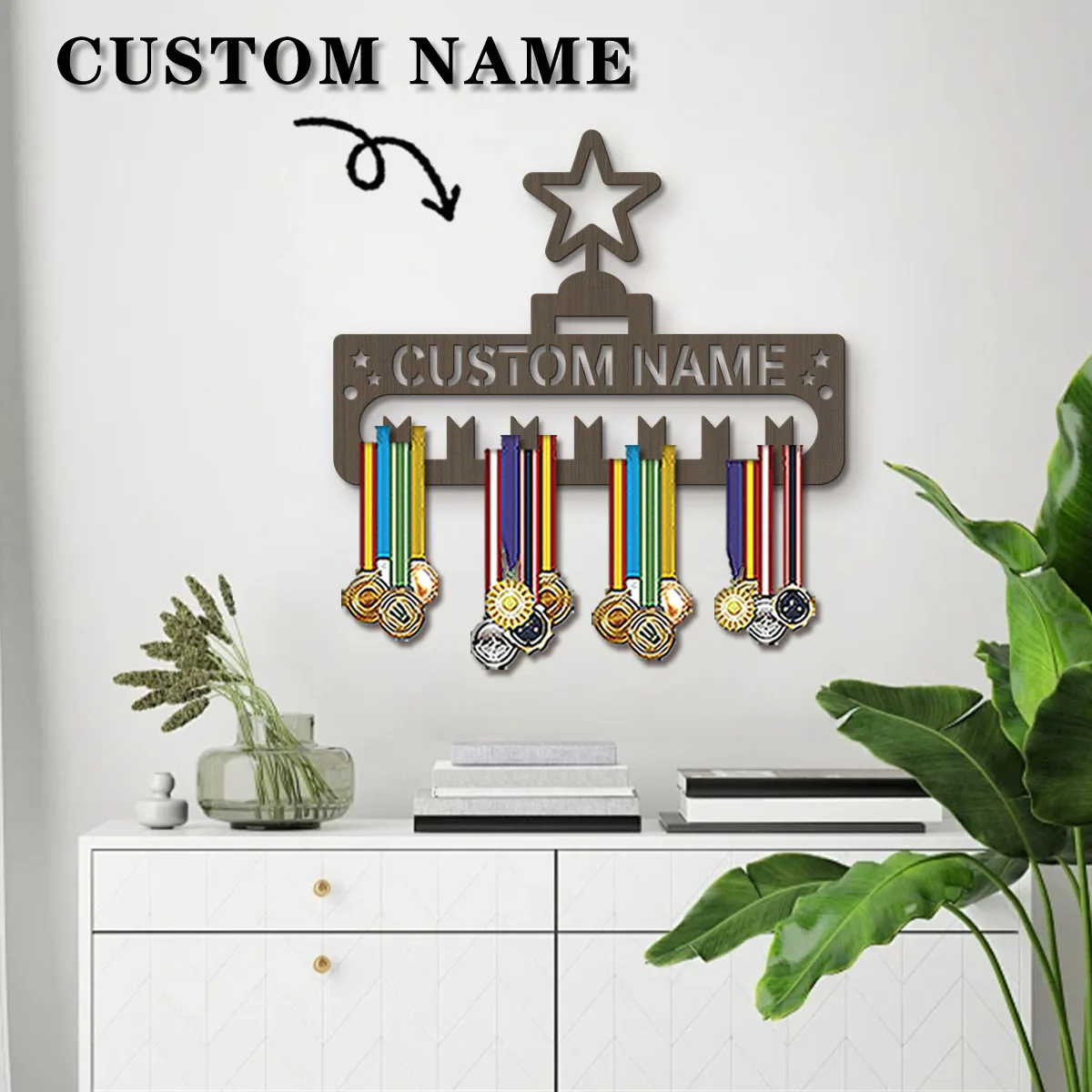 1pc Custom Modern Style Cartoon Star Decor Frame Wooden Sports Medal Holder, Wall Mounted Display Stand for Sports Lovers Gift view 4