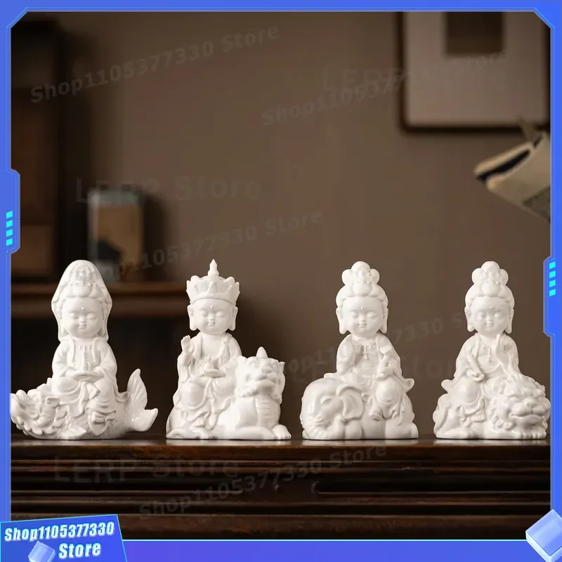 White Porcelain Four Bodhisattvas Statue Guanyin Manjushri Puxian Dizang Buddha Ornament for Home Living Room Desktop