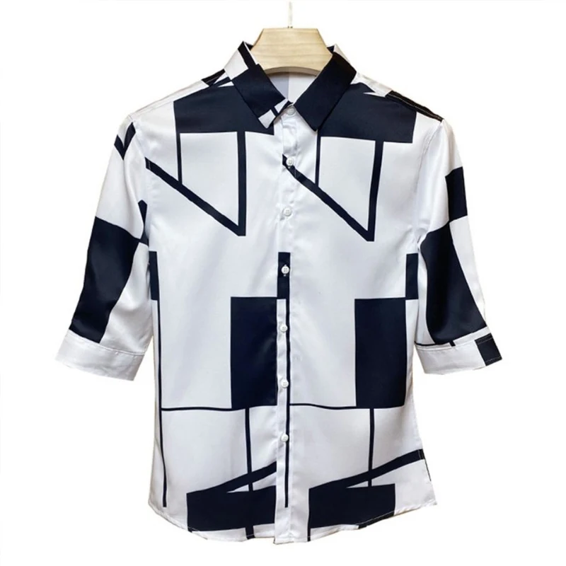 Summer New Turn-down Collar Fashion Half Sleeve Shirt Man High Street Casual Loose Button Cardigan England Printing Office Tops