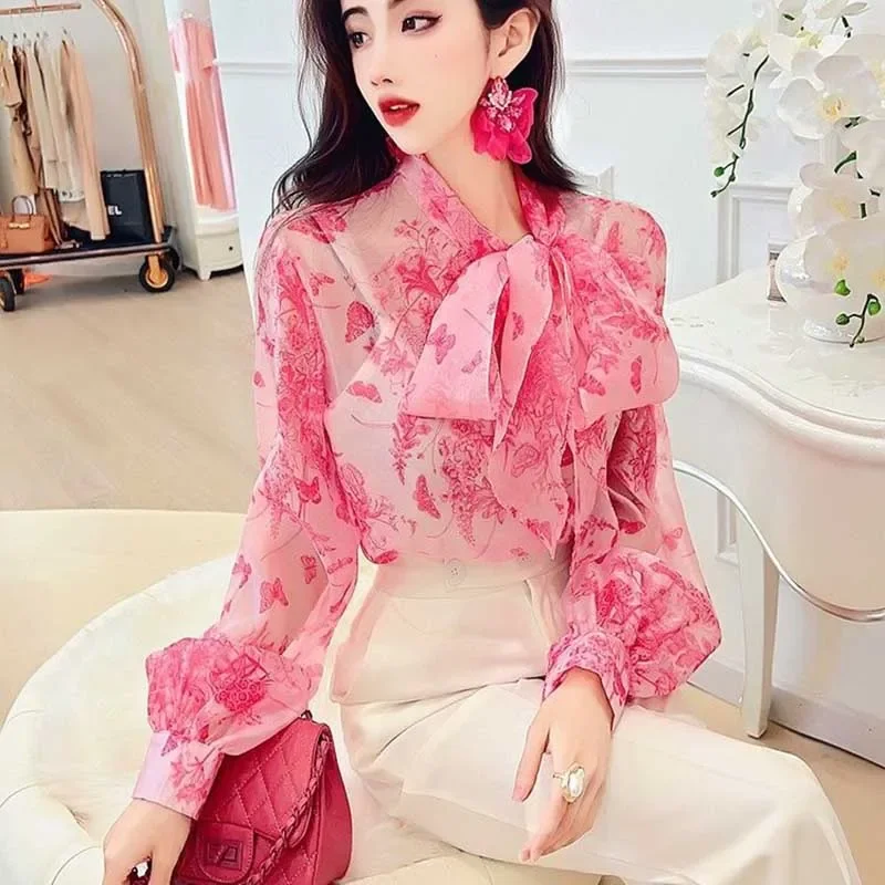 

Весна-лето, новые свободные корейские топы, офисные женские рубашки, элегантные блузки с v-образным вырезом и рукавами-фонариками на шнуровке и бантом, женская одежда 2025