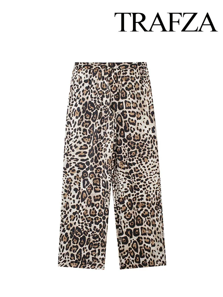 New Summer Fashion Women Pants Leopard Print Mid-Rise Pockets Button Zipper Trousers Female Streetwear Style Long Pant