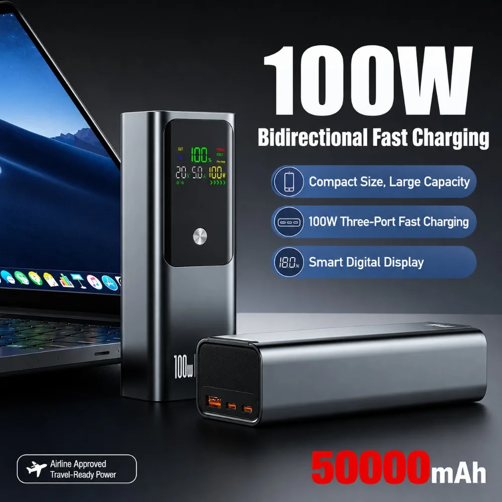 Power Bank 50000mAh Portable Color Screen Supports PD100W Bidirectional Fast Charging Suitable for IPhone Laptop Samsung Xiaomi