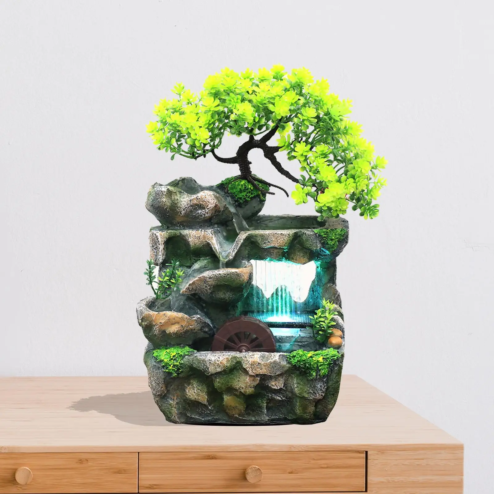 Tabletop Water Fountain with Light Cascading Rockery Bonsai Decor Desk Decoration for Meditation Yoga Room Multifunctional