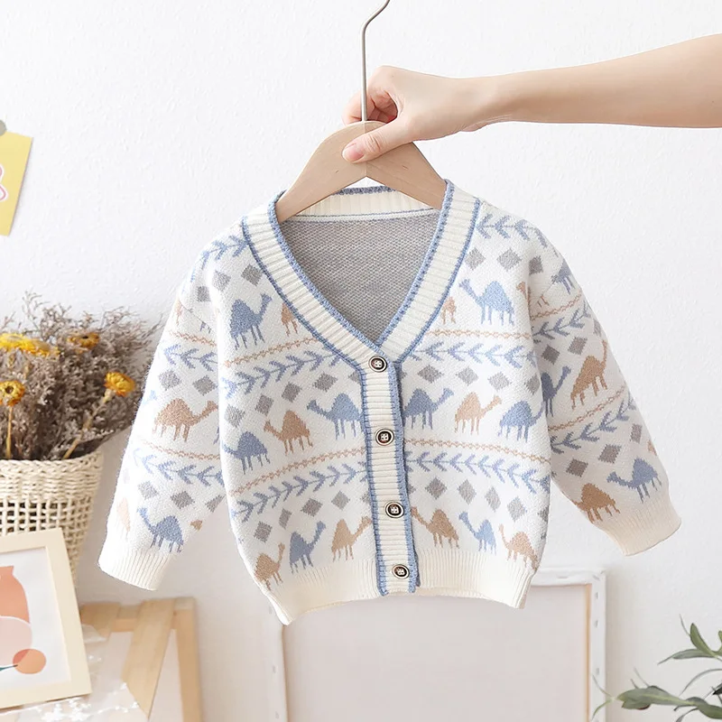 Long Sleeve Cartoon Knitted Cardigan Top Toddler Kids Knitwear Jumper Fall Winter Clothes 0-5Years Children Boy Dinosuar Sweater