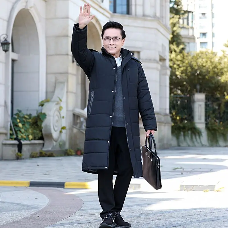 Men's Long Winter Coat Hood Thick Warm Parka Jacket Middle Aged Elderly Windproof Outerwear Casual Cold Weather Overcoat