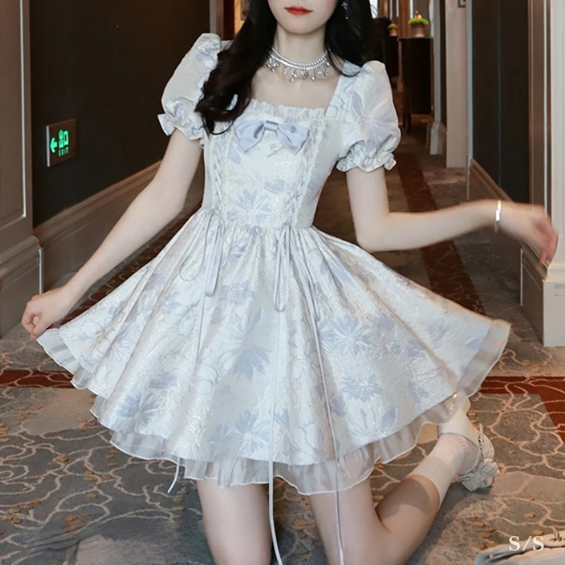 Sweet Lolita Style Princess Dress Women Elegant Square Collar Bow Puff Sleeve Party Mini Dresses Girls Korean Kawaii Print Dress