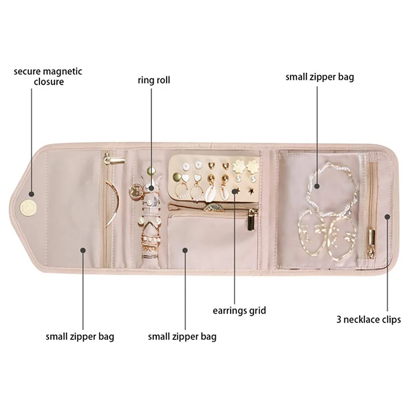 S/l Portable Roll Foldable Jewelry Case Travel Jewelry Organizer For Journey Earrings Ring Diamond Necklace Brooches Storage Bag