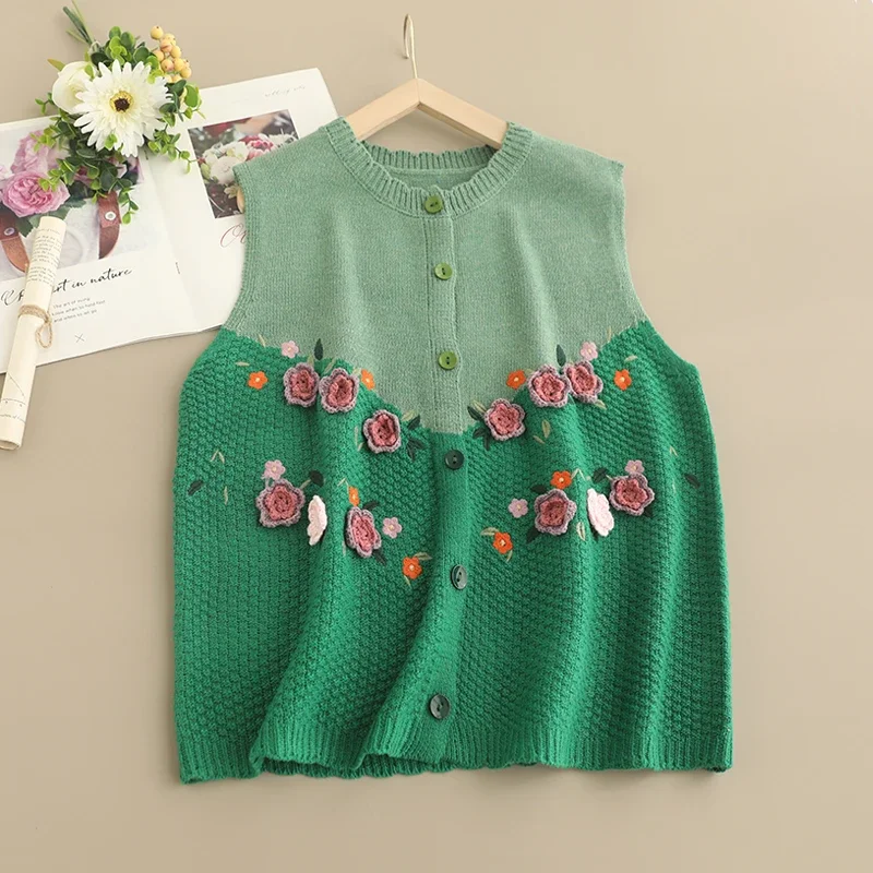 Spring Sweet Mori Girl Japan Style Flower Embroidered Knitted Sweater Vest Women Sleeveless Single Breasted Knitwear Tops