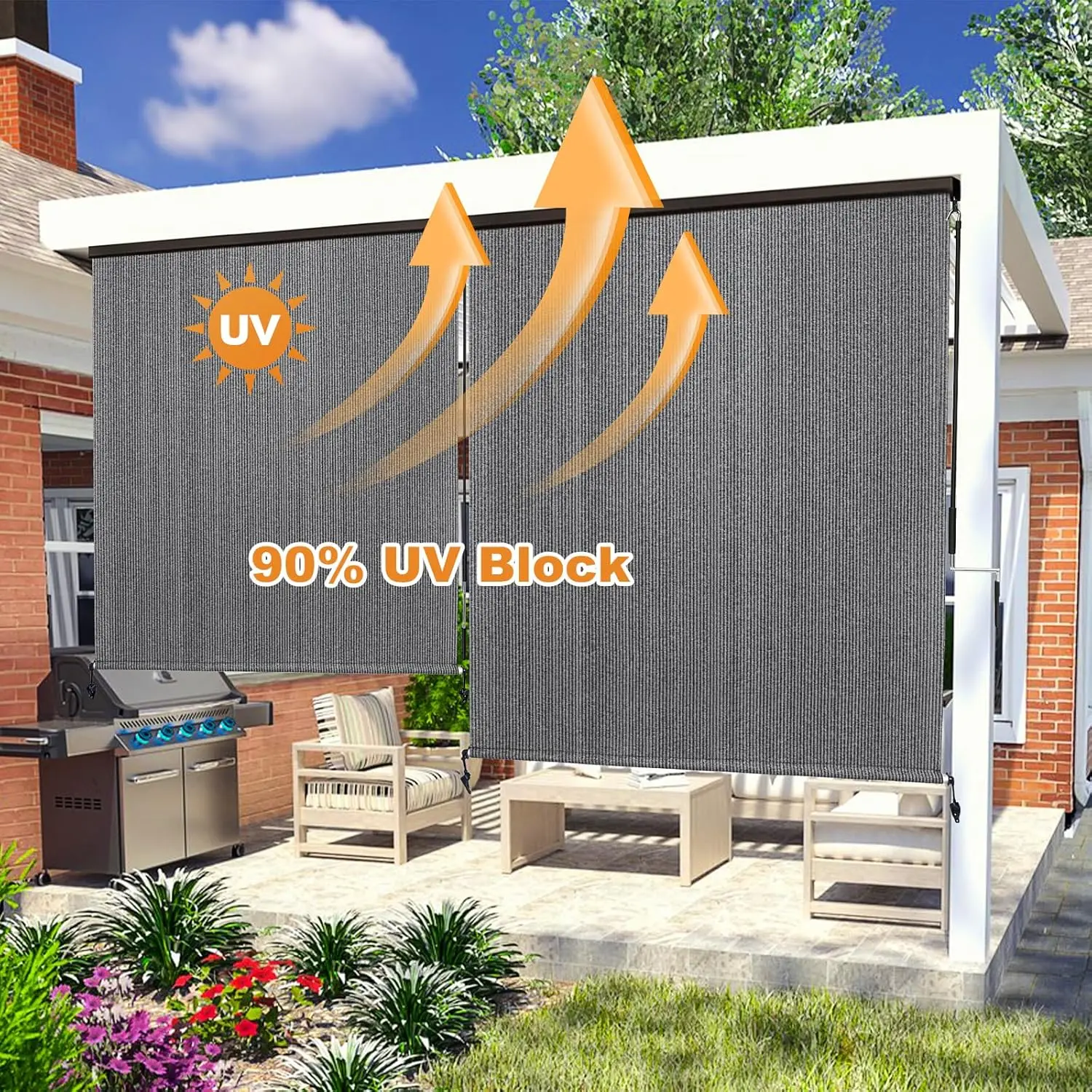 Outdoor Patio Porch Gazebo Roller Shade with Gray Blackout Fabric, Cordless Wand Operation, Aluminum Valance