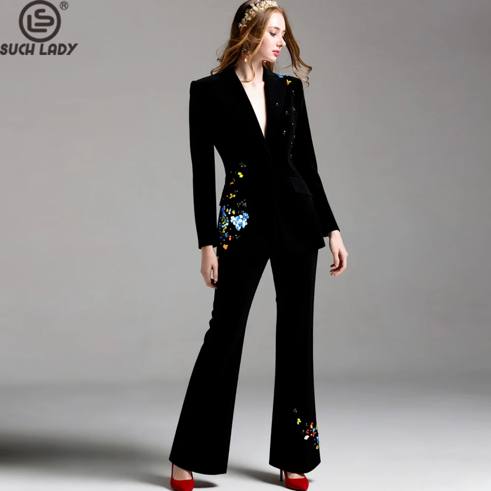 

Black Notched Lapel Blazer & Flare Pants 2pcs Set for Women - Colorful Sequined Butterfly Embroidery Business Casual Suits