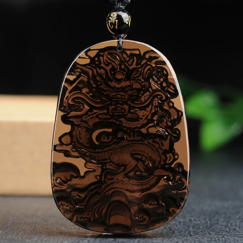 Natural Ice Obsidian Dragon Brand Carved Frosted Obsidian Pendant Panlong round Dragon Pendant Men's Zodiac Necklace