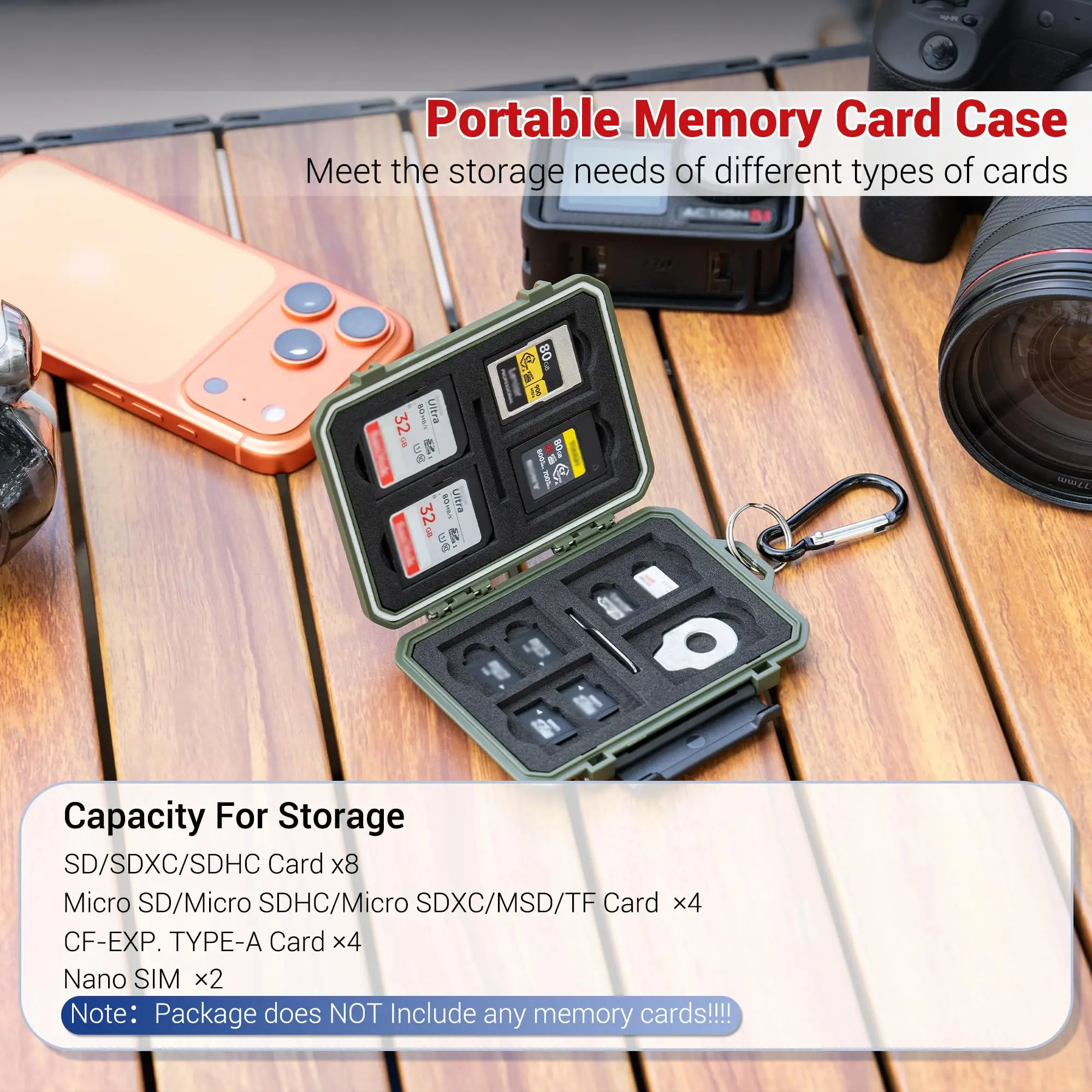 18 Slot Waterproof Memory Card Case for 8 SD SDHC SDXC Cards+4 Micro SD SDHC SDXC TF MSD Cards+4 CFexpress Type-A CFA+2 Nano SIM