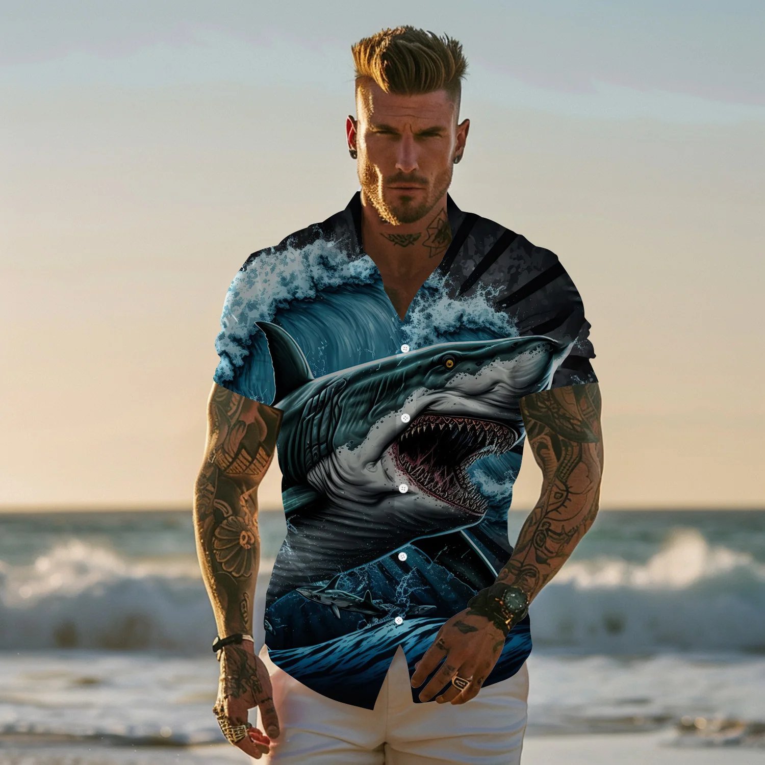 

Men's Hawaiian Shirt Print Deep Sea Shark Casual Loose Streetwear Shirt Harajuku Fashion Social Oversized Funny Men's Clothing