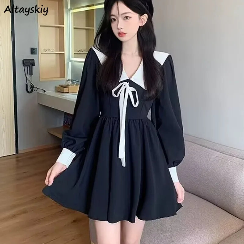 

Sailor Collar Dresses for Women Preppy Style Spring Long Sleeve Outwear Lovely Girls College All-match Mini Fashion Bow Design