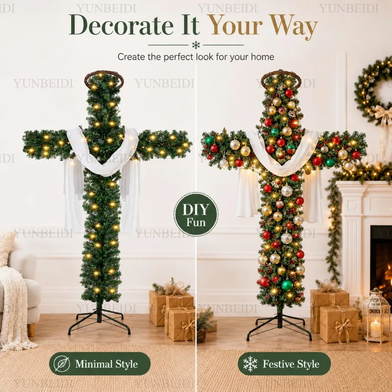 150/180cm Cross Shaped Christmas Tree Pre Lit Warm LED Lights Artificial PVC Xmas Tree Religious Holiday Home Outdoor Decoration