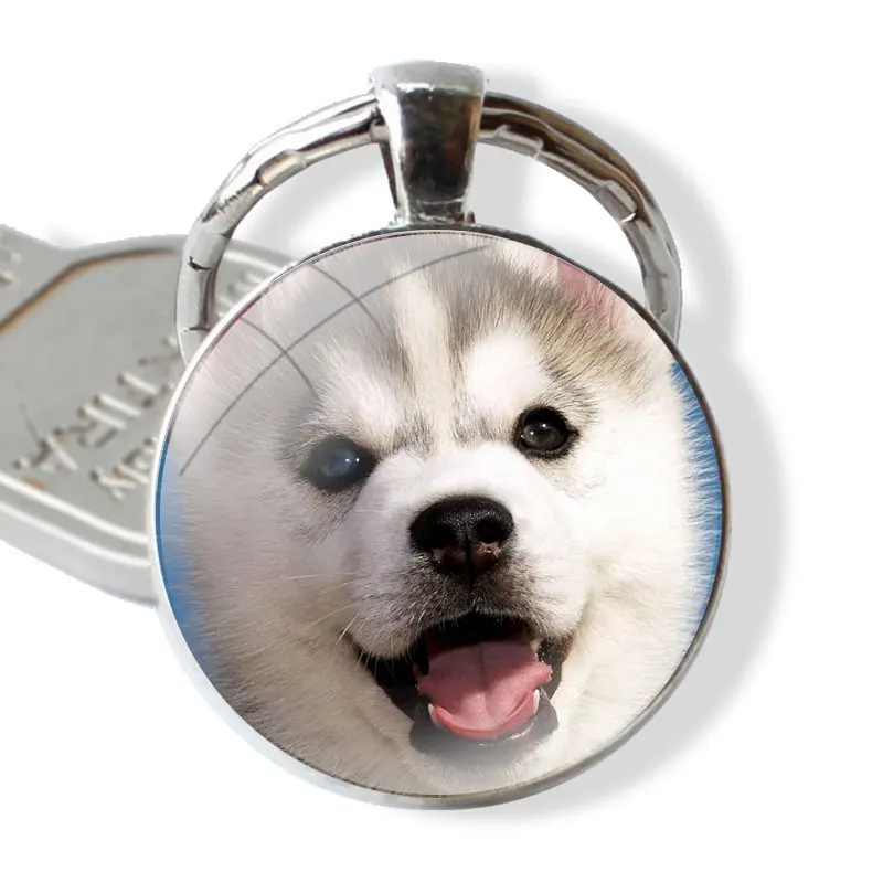 Keychain Handmade Glass Cabochon Key Ring Holder Pendant Key Chains Husky cute