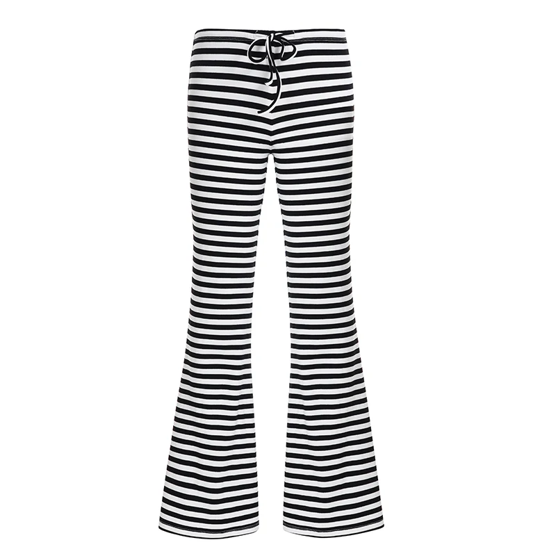 Casual Striped Bandage Wide Leg Pants Basic Loose Mid-Waisted Pants Women 2025 Autumn Spring Fashion Streetwear Homewear Ladies