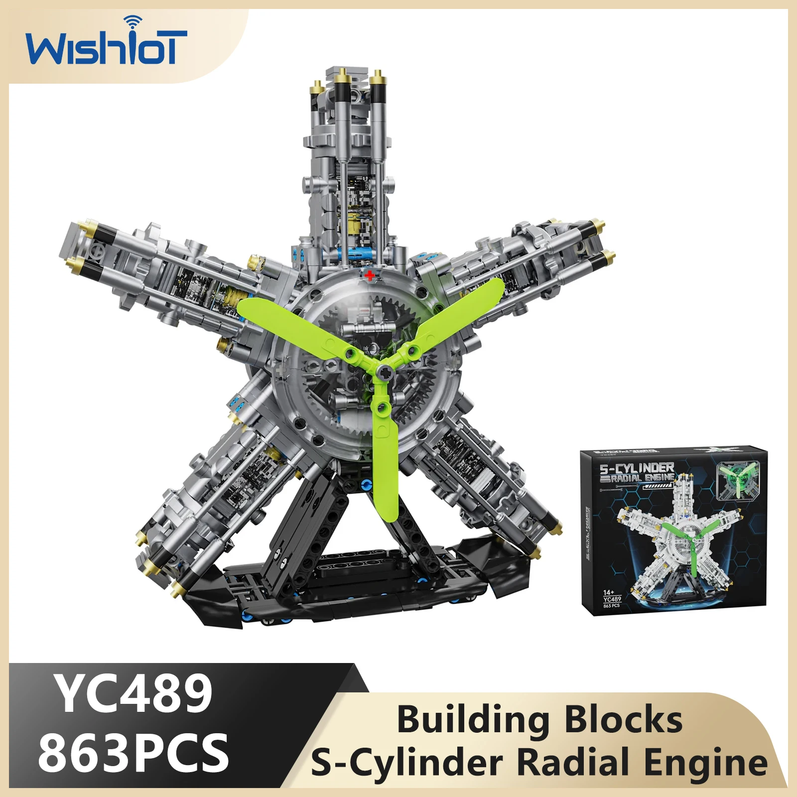 

863PCS S-Cylinder Radial Engine Building Blocks Aircraft Engines Kit with Light Technical Model Bricks Toys Kids Boys Idea Gifts
