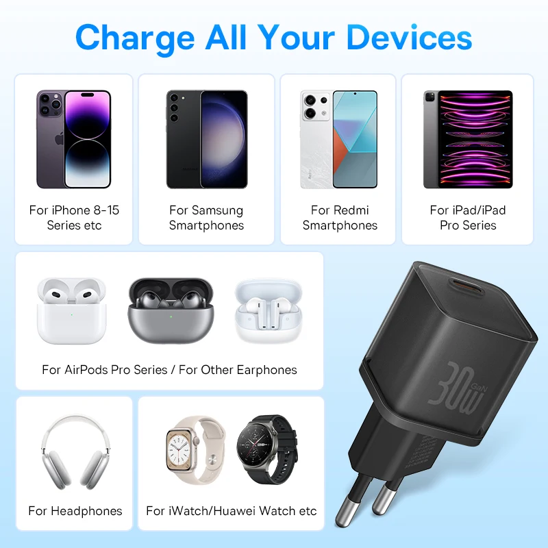 Baseus- Chargeur de téléphone GaN, 30W, iPhone 16, 15, 14, 13, 12 Pro Max, USB C, prise en charge PD, QC, PPS, charge rapide pour ordinateur portable