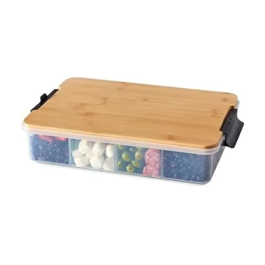 Snacklebox 11x16 Inch Bamboo Cutting Board Lid with 11-Compartment PP Snack Box, Locking Handles for Travel - Charcuterie Board