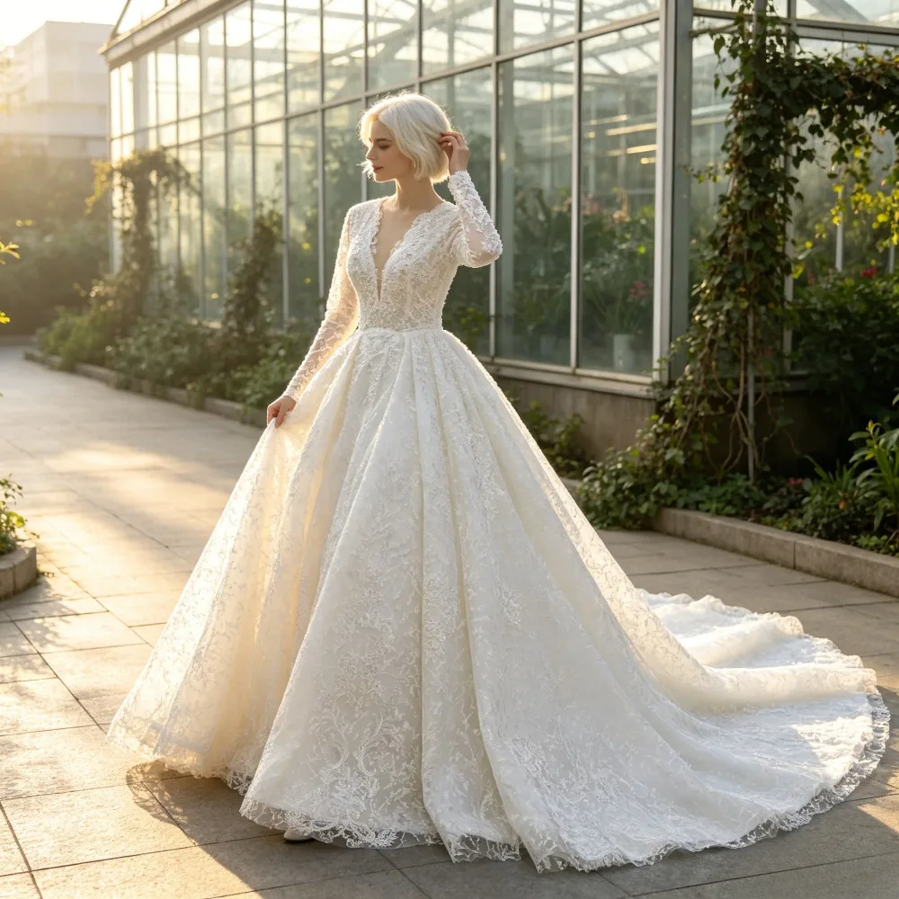 Customized Long Sleeved Deep V-neck Lace Wedding Dress Luxurious Pleated Bridal Gown 2026 New Style Suitable for Dinner Parties
