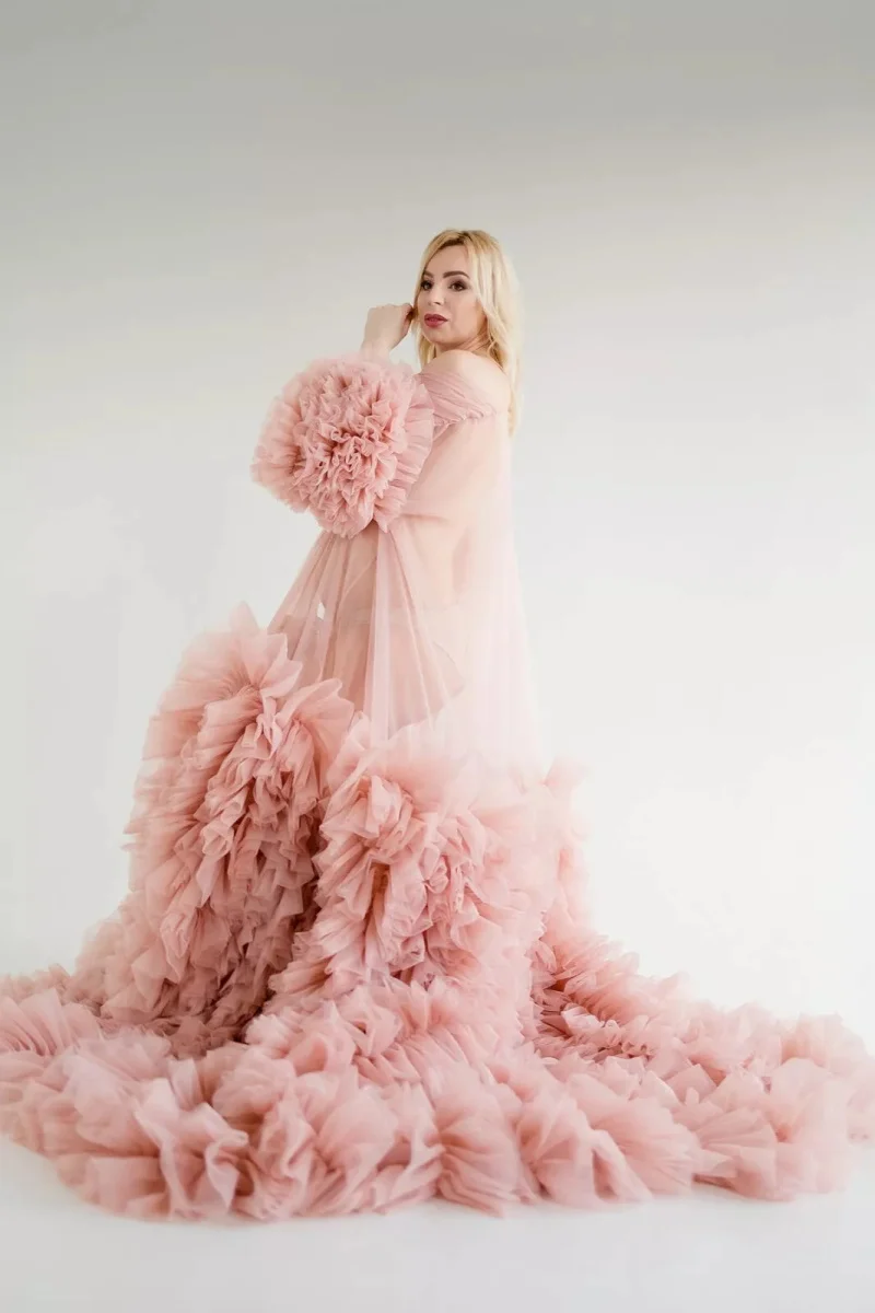 Plus Size Pink Maternity Dress With Fluffy Ruffles Tulle Sexy Sheer Mesh Robe Party Prom Gowns For Photography Custom Made