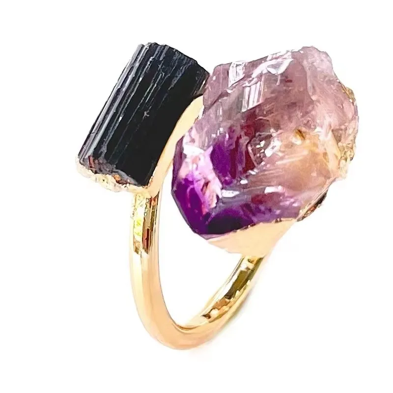 

Irregular Natural Stone Adjustable Ring for Women Gold-color Raw Amethyst Open Finger with Black Tourmaline