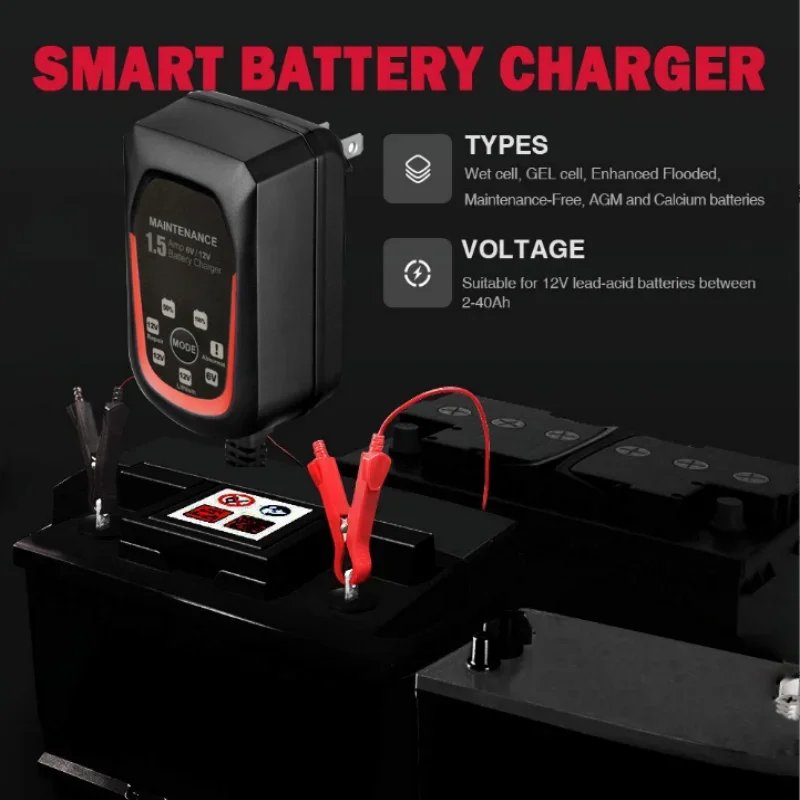 1.5A 6V 12V Smart Battery Charger for Car Automatic Float Charger Motorcycle Lawn Mower Tractor Lead-acid AGM GEL Toy Battery