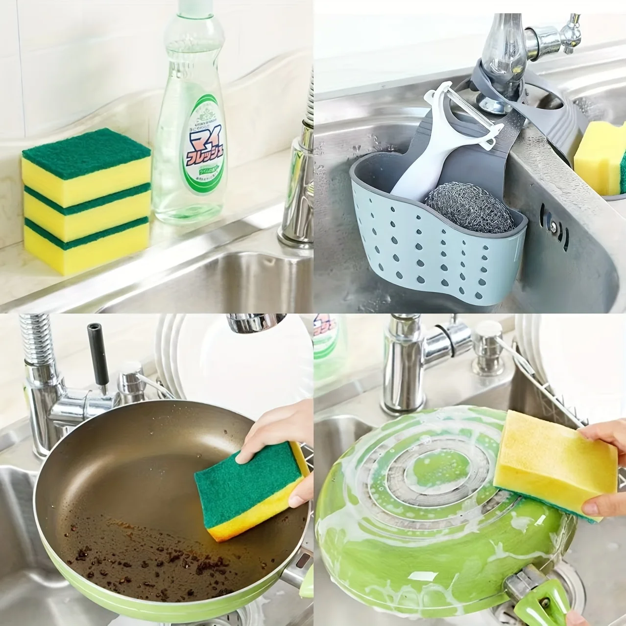 4 pieces - adjustable kitchen sink storage rack with dishwashing sponge and dishwashing cleaning cloth - space-saving hanging dr