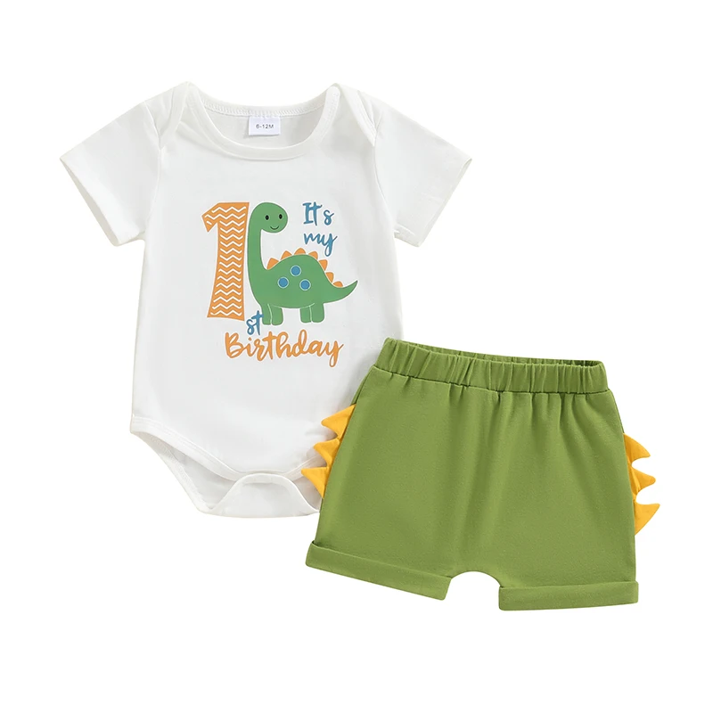 

Baby Boys 2Pcs Birthday Outfits Short Sleeve Dinosaur Print Romper Shorts Set Newborn Clothes