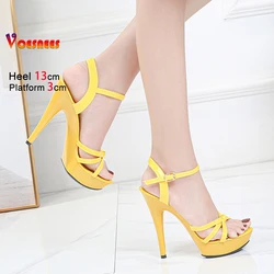 13CM Thin Heeled Summer Shoes For Women Sexy Narrowband Platform Sandals Yellow Buckle Strap High Heels Plus Size 43 Sandalias
