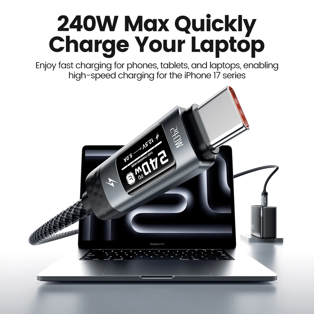 Toocki 240W USB C Cbale Fast Charging OLED Digital Display PD 3.1 Type C To USB C Data Cord For Macbook iphone 18 17 Samsung S25