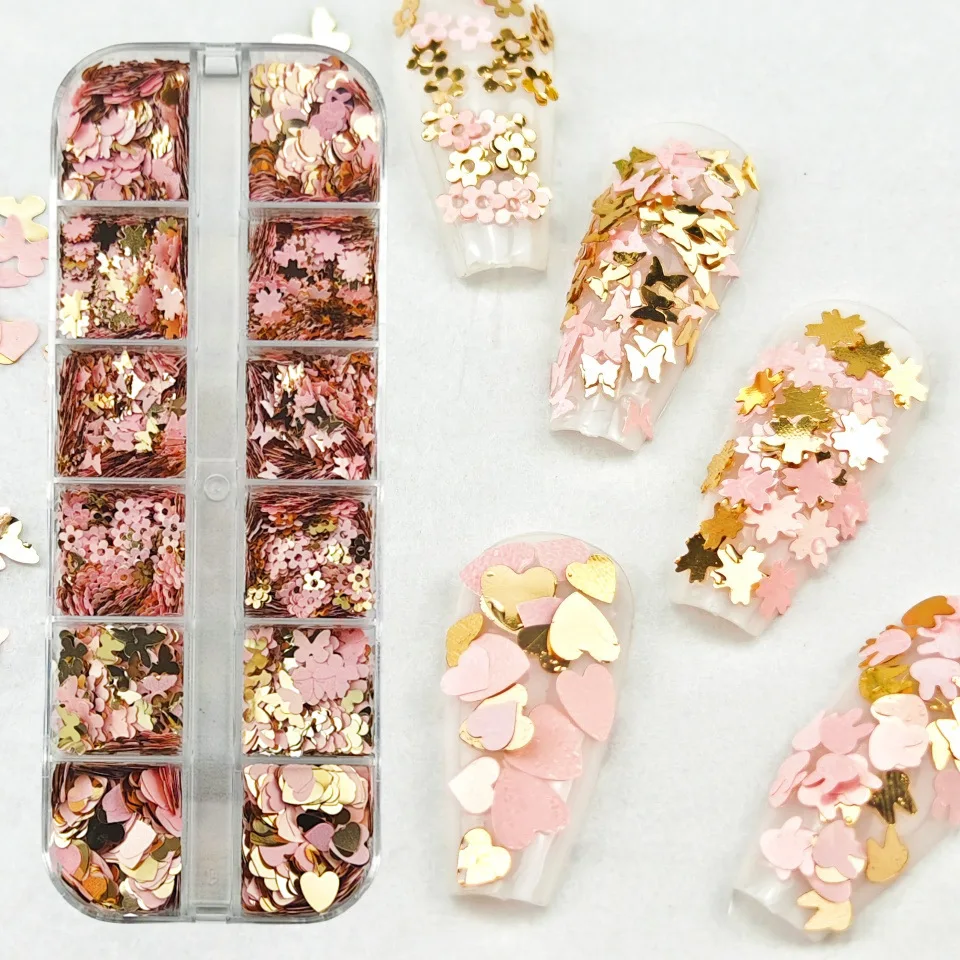 12 Box Set Of Pink Gold Butterfly Love Flower Rabbit Glitter Beauty Eye Makeup Nail Art DIY Accessories