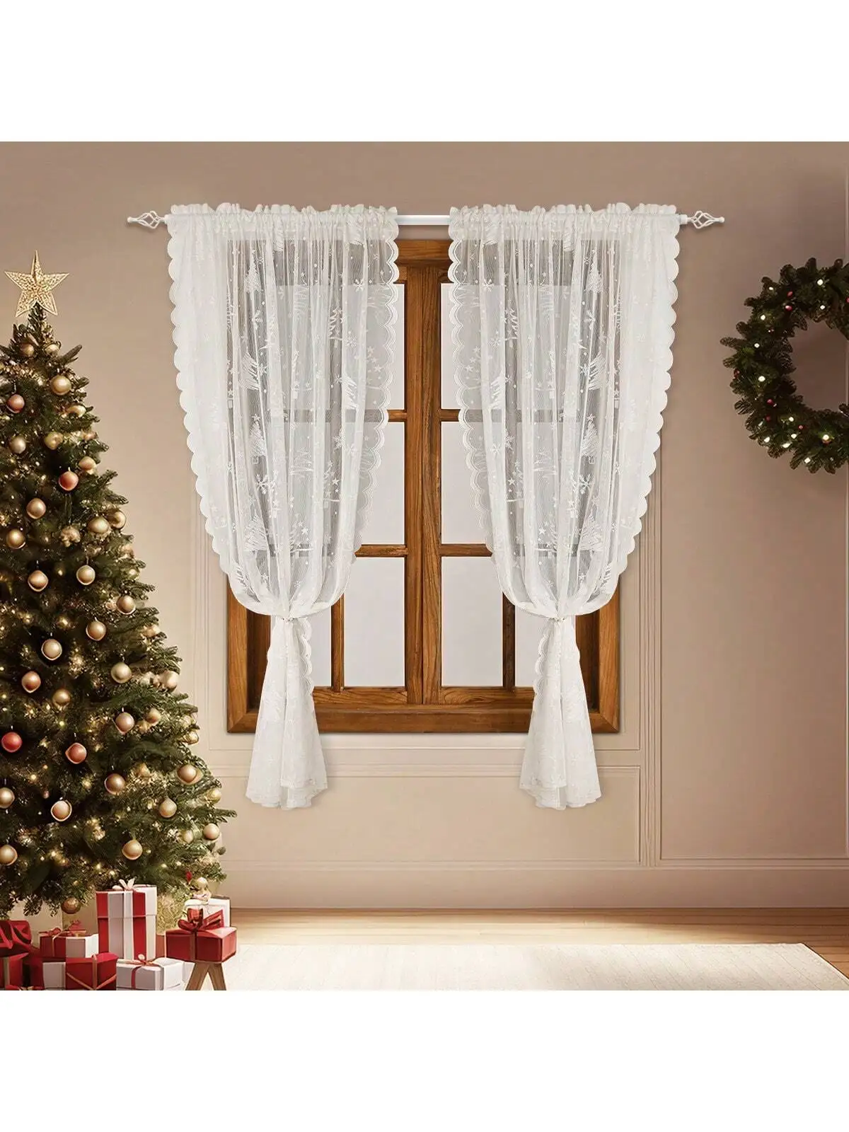 

1pc White Christmas Tree Lace Sheer Curtain Festive Window Decor for Holiday Living Room Bedroom