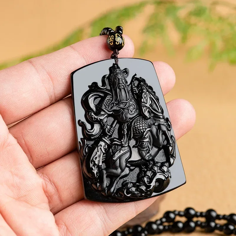 Natural A-grade Jade Pendant Ink Jade Ice Type Handcarved Guan Gong Men's and Women's Jewelry Exorcism Prayer Blessing Gifts