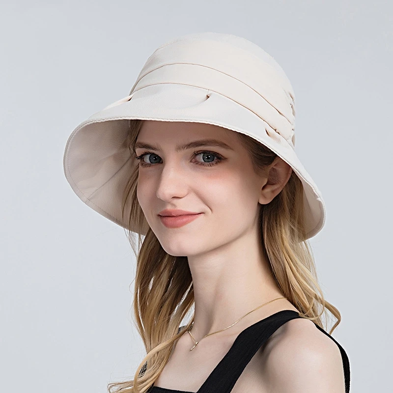 Women Summer Folding Bucket Hat for Beach Holiday Lady Spring Bowler Sun Protection Cap with Ruffles Band Headgear Wholesale New