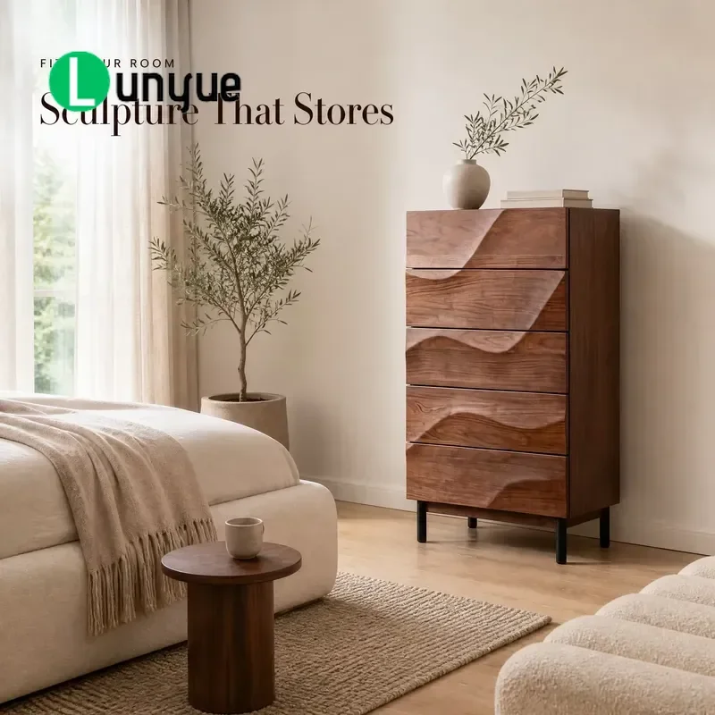 5 Layer Wave Chest of Drawers High Cabinet Black Walnut with Slender Black Metal Legs for Hallway Lounge Modern Storage