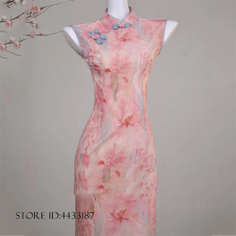 

Новое элегантное женское вечернее платье в новом китайском стиле: розовое с цветочным принтом, традиционное китайское длинное платье-ципао (ципао/ципао)