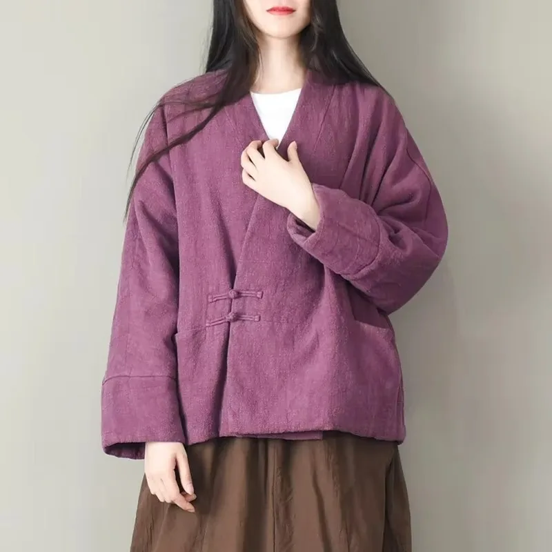 Chinese Style Solid Cotton Coat Women 2025 New Autumn Winter Warm V-neck Frog Button Loose Womens Jacket Linen Retro Clothes